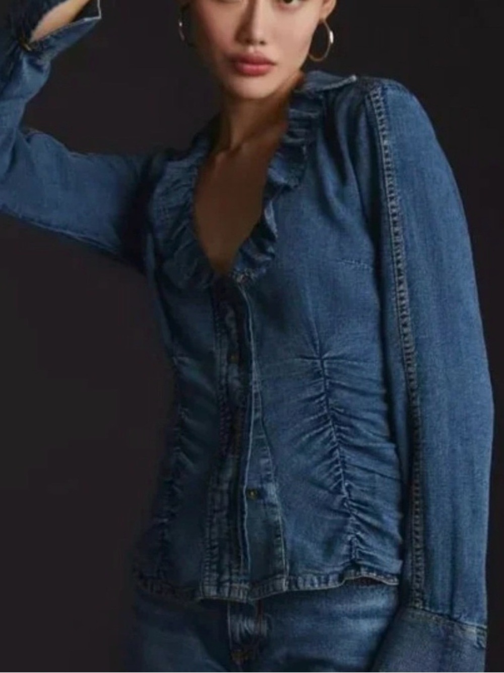 Anthropologie Pilcro Long Sleeve Denim Shirred-Waist Ruffle-Neck Shirt SZ L